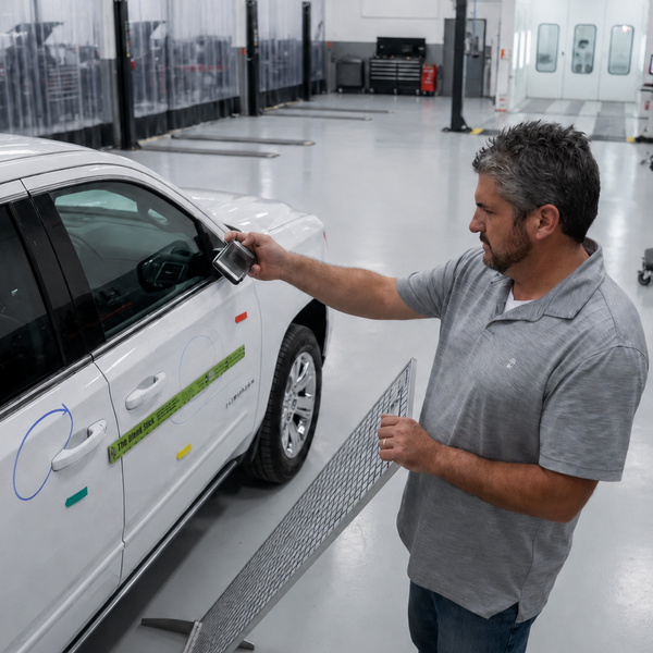 Man inspecting a white car and making photosa with dent viewer tool in a modern automotive workshop.