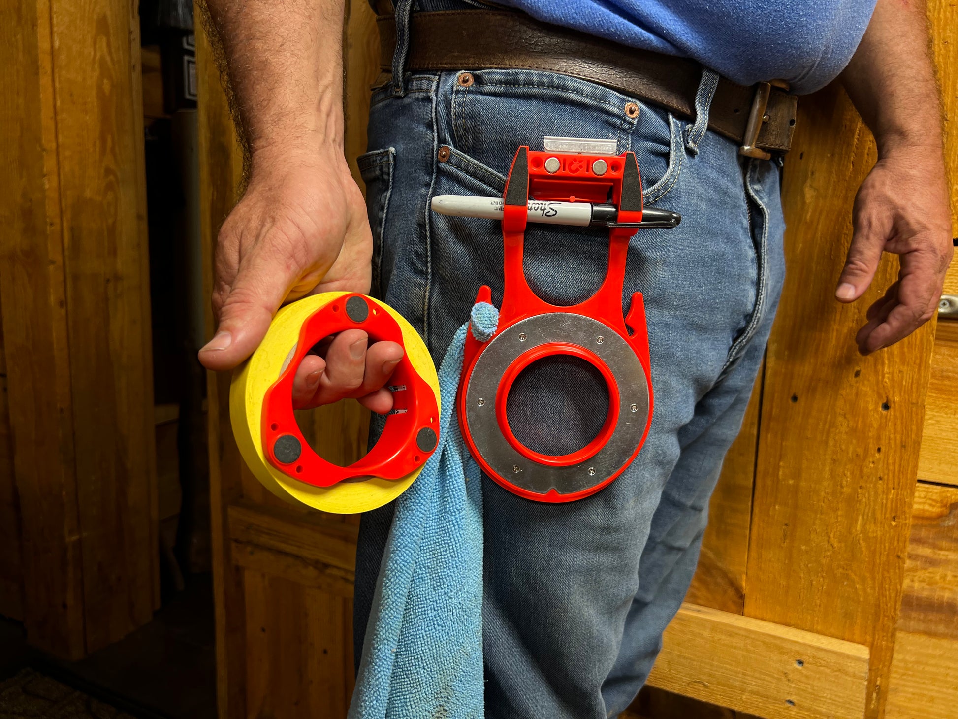 Collision Edge Tape Caddy System with Tape Caddy and Tape Thing for organizing automotive masking tape in collision repair shops.