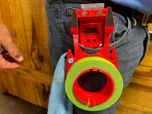 Collision Edge Tape Caddy System with Tape Caddy and Tape Thing for organizing automotive masking tape in collision repair shops.